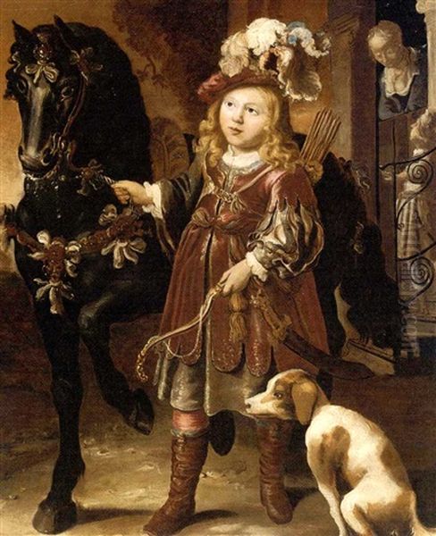 Portrait Of A Noble Child, Full-length, Dressed As A Huntsman And Leading A Horse Oil Painting by Johann Spilberg the Younger