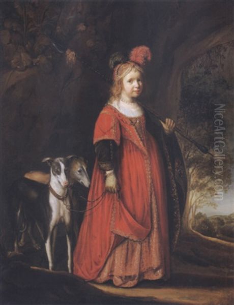 Portrait Of A Girl As A Huntress With Her Two Dogs Oil Painting by Johann Spilberg the Younger