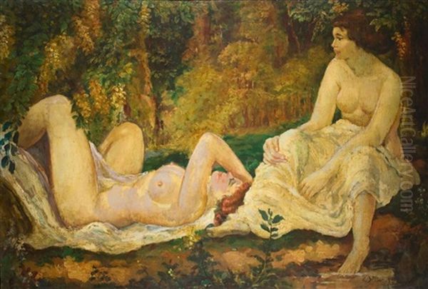 Wooded Landscape With Two Female Nudes Oil Painting by Karel Spillar