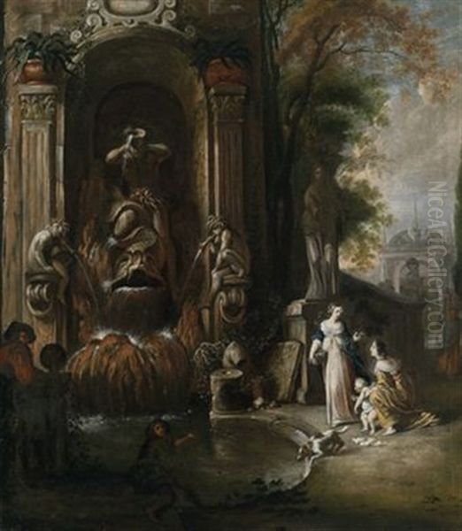 Zwei Frauen Mit Einem Kind Und Zwei Manner An Einer Prachtigen Brunnenanlage Oil Painting by Johann Spillenberger