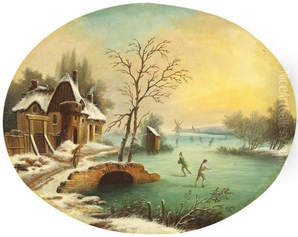 Schlittschuhlaufer In Winterlicher Landschaft Oil Painting by Hendricus Spilman