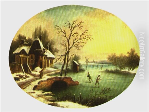 Schlittschuhlaufer In Winterlicher Landschaft Oil Painting by Hendricus Spilman