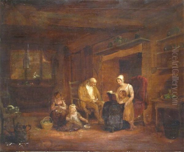 A Family In A Cottage Interior Oil Painting by Maria Spilsbury