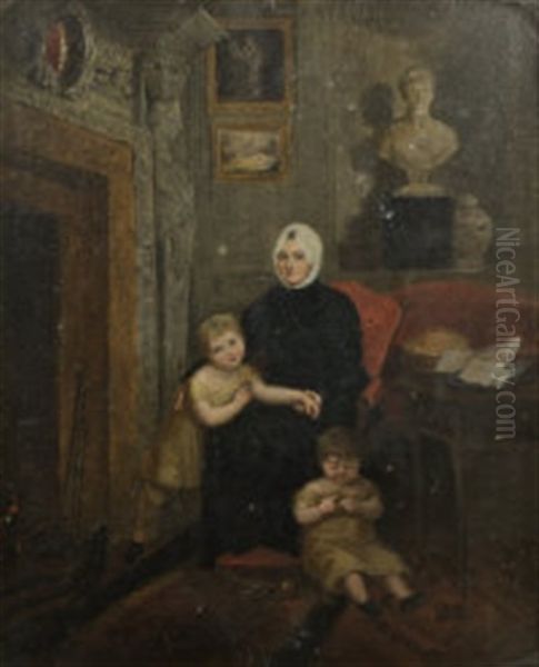 Mrs. Tighe, Seated In The Drawing Room At Rossana Beneath The Bust Of Herself By Bartolini, With Two Of Her Grandchildren Oil Painting by Maria Spilsbury