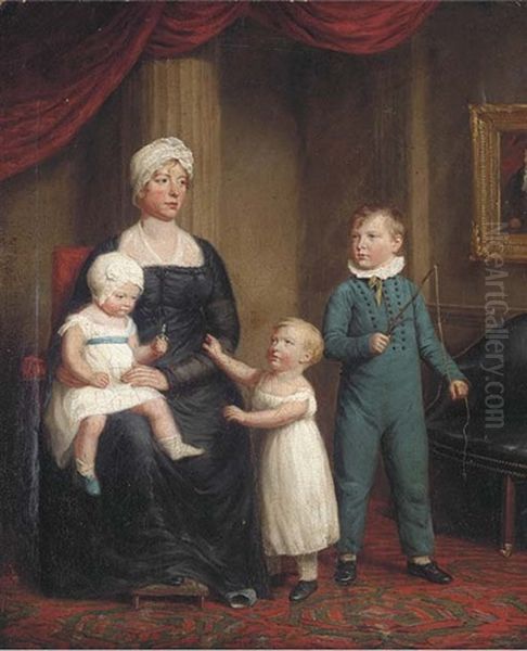 A Group Portrait Of A Mother And Her Three Children, In An Interior Oil Painting by Maria Spilsbury