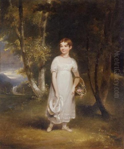 Portrait Of Miss Collier In A White Dress And A Red Necklace, Holding Her Hat In One Hand And Carrying A Basket Of Flowers, In A Wooded Landscape, A Classical Building Beyond Oil Painting by Maria Spilsbury