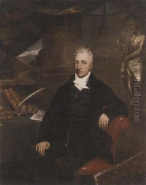 Portrait Of A Gentleman, Henry Grattan (?), In A Black Suit, At A Writing Desk, A Folio By His Side, Before A Classical Sculpture, A Landscape Beyond Oil Painting by Maria Spilsbury