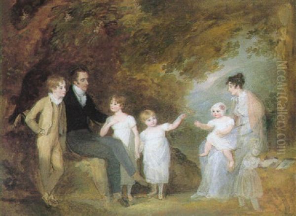 A Group Portrait (the Artist, Her Husband And Children?) In A Wooded Landscape Oil Painting by Maria Spilsbury