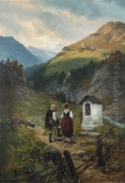 Wanderndes Paar Vor Bildstock Im Gebirge Oil Painting by Erwin Spindler