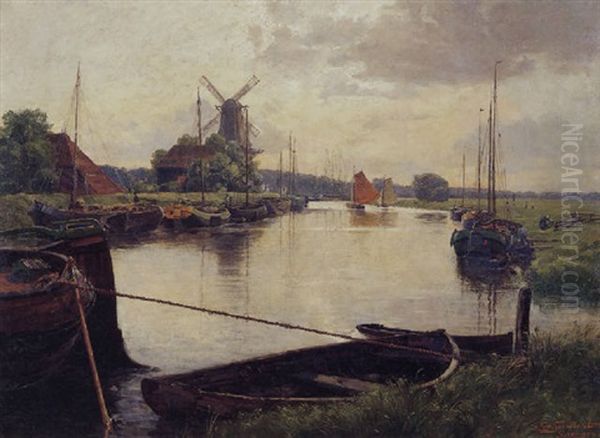 River With Moored Boats, Groningen, The Netherlands Oil Painting by Erwin Spindler