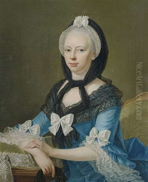 Bildnis Einer Dame In Blauem Kleid Mit Spitzenbesatz Und Witwenschleier Als Halbfigur Auf Einem Lehnstuhl Sitzend Oil Painting by Guillaume Jean Joseph de Spinny