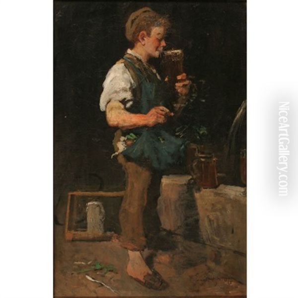 End Of The Day: Boy Sipping For A Beer Mug Oil Painting by Emmanuel Spitzer