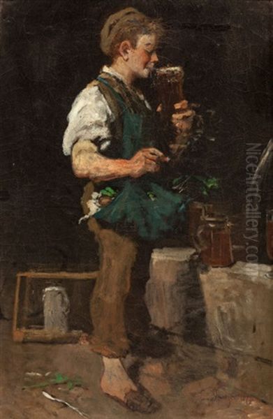 Taking A Drink (boy With Beer) Oil Painting by Emmanuel Spitzer