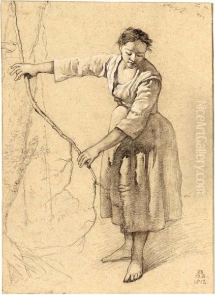 Study Of A Standing Peasant Woman Holding A Branch Oil Painting by Josef von Brandt