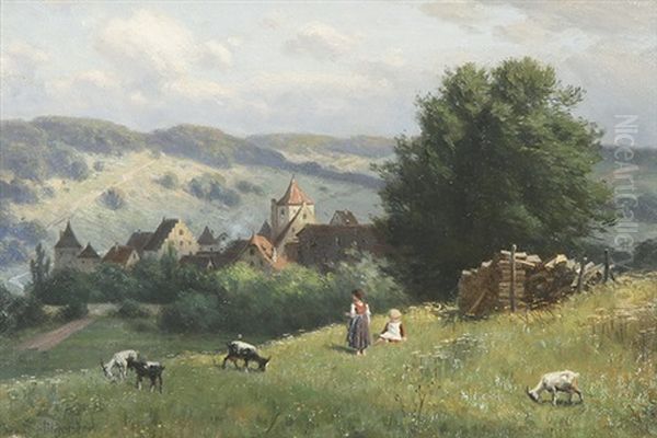 Kinder Mit Ziegen Bei Sommerhausen Am Main Oil Painting by August (Karl Martin A.) Splitgerber