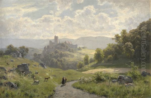 Idyllische Ansicht Der Wartburg Oil Painting by August (Karl Martin A.) Splitgerber