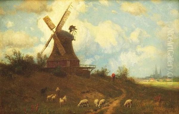 Landschaft Mit Windmuhle Oil Painting by August (Karl Martin A.) Splitgerber