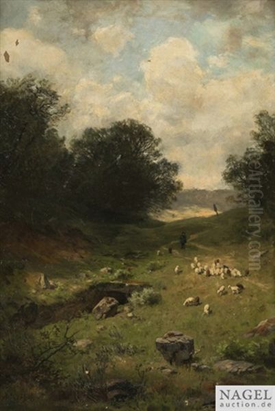 Schafer Mit Herde In Hugeliger Landschaft Oil Painting by August (Karl Martin A.) Splitgerber