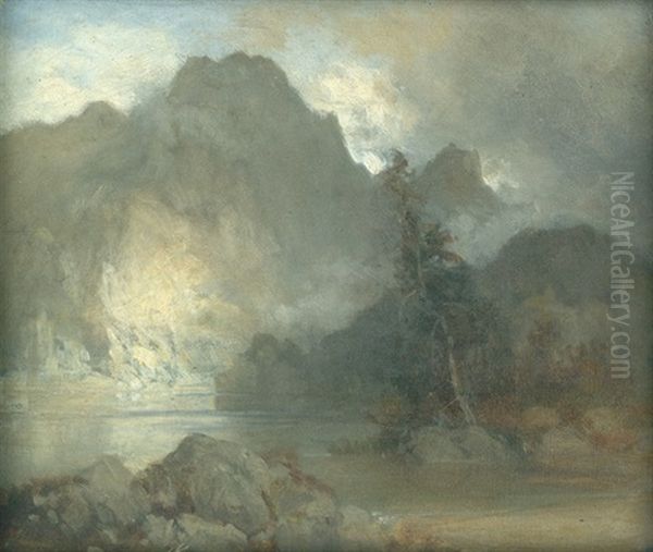 Alpensee Mit Gebirgszug Oil Painting by August (Karl Martin A.) Splitgerber