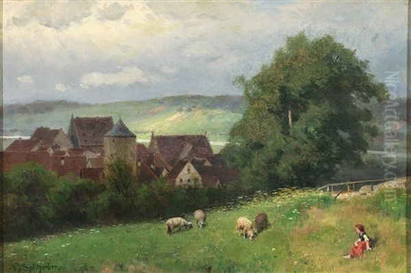 Hauser Am Main. Weidelandschaft Mit Schafen Und Kleinem Madchen Als Huterin. Blick Auf Mittelalterliche Stadt Im Tal. Sommertag Oil Painting by August (Karl Martin A.) Splitgerber