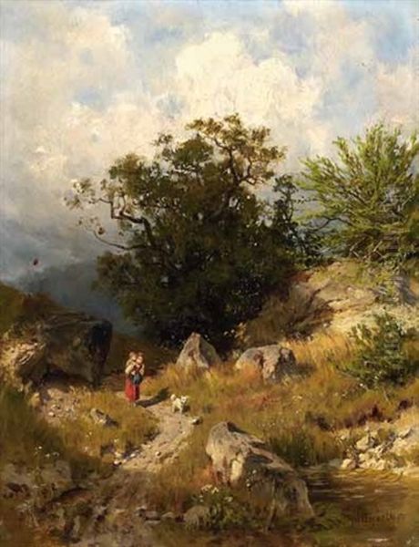 Madchen Mit Kind Auf Dem Rucken In Wiesenlandschaft Oil Painting by August (Karl Martin A.) Splitgerber