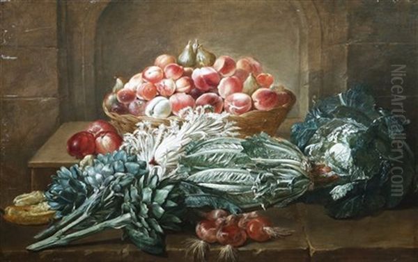 Still Life Of A Cabbage, Artichokes, Fennel, Apples, Marrows And A Basket Of Peaches And Figs On A Table Oil Painting by Jan Jakob (Jean Jacques) Spoede