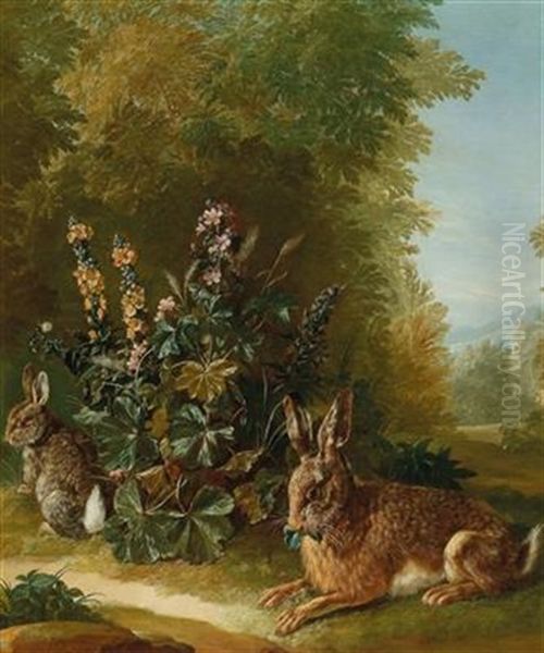 Two Hares In A Landscape Oil Painting by Jan Jakob (Jean Jacques) Spoede