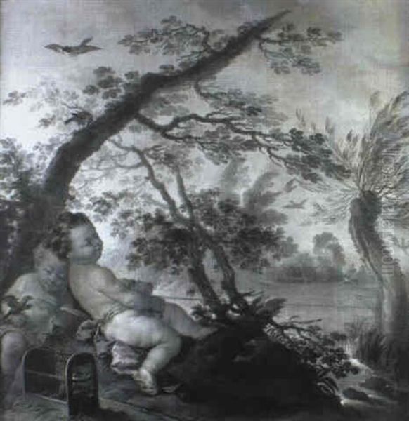 Deux Putti Jouant Au Bord D'une Riviere Oil Painting by Jan Jakob (Jean Jacques) Spoede