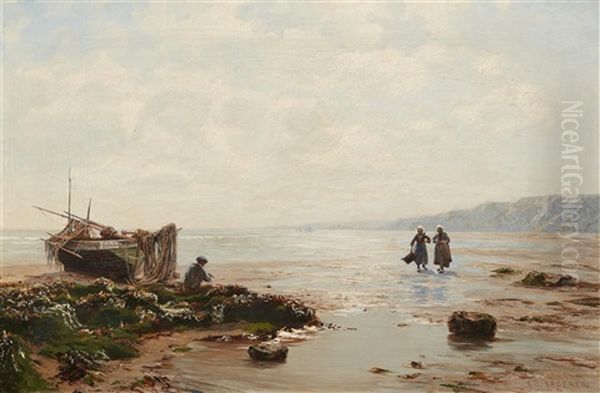 Breton Coastal Scene With A Fisher And Mussel Gatherers Oil Painting by Eduard Spoerer