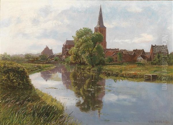 River Landscape With Church Oil Painting by Eduard Spoerer