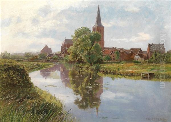 Dorf Am Flusufer Oil Painting by Eduard Spoerer