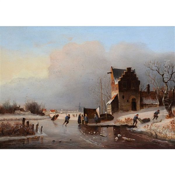 Skaters In A Winter Landscape Oil Painting by Jan Jacob Spohler