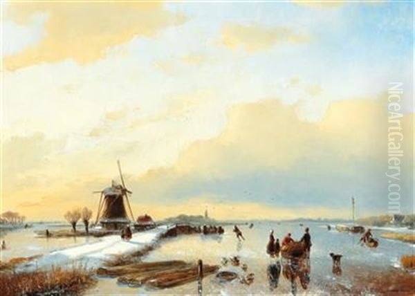 Winter Canal Landscape With Skaters Oil Painting by Jan Jacob Spohler