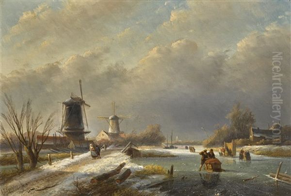 Winter Landscape With Windmills Oil Painting by Jan Jacob Spohler