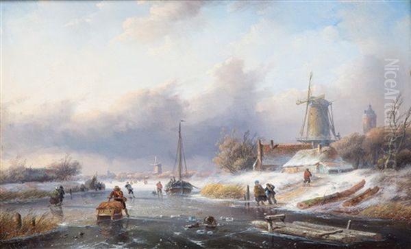 A Dutch Winter Landscape With Figures On The Ice Oil Painting by Jan Jacob Spohler