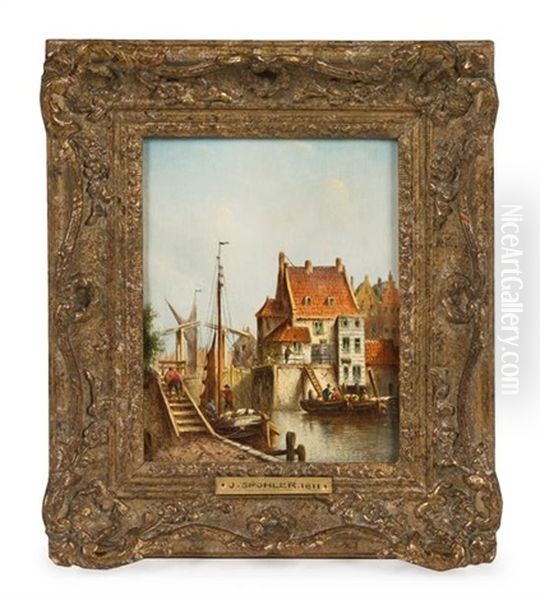 Canal Scenes (2 Works) Oil Painting by Jan Jacob Spohler