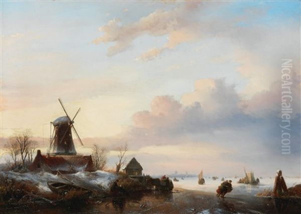 Winter Landscape With Skaters Beside A Windmill Oil Painting by Jan Jacob Spohler