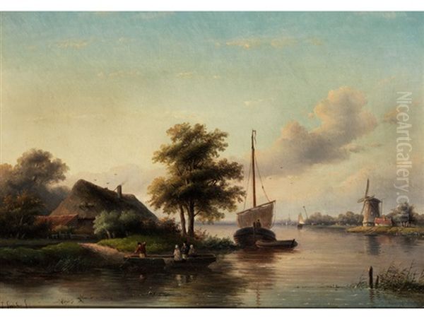 Flusslandschaft Mit Schiffen, Muhle Und Reetgedecktem Haus Oil Painting by Jan Jacob Spohler