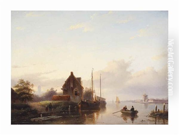 A Tranquil River Landscape Oil Painting by Jan Jacob Spohler