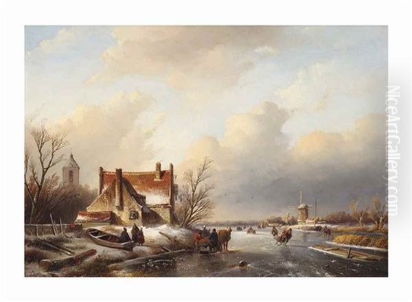 A Winter Landscape With Skaters Near A Farmhouse Oil Painting by Jan Jacob Spohler