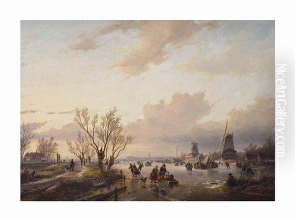 Leisure Time On The Ice At Sunset Oil Painting by Jan Jacob Spohler