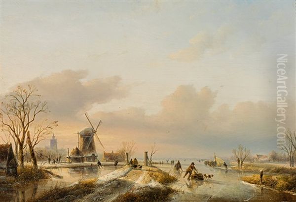 Winter Landscape With Ice Skaters Oil Painting by Jan Jacob Spohler