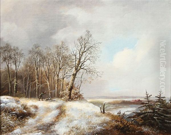 Hunter With Dog In Winter Landscape Oil Painting by Jan Jacob Spohler