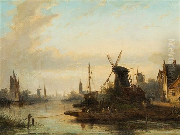 River Landscape Oil Painting by Jan Jacob Spohler