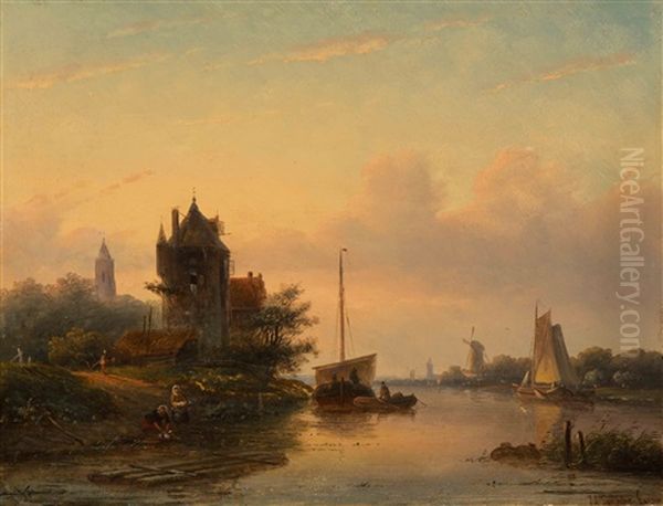 Riverview With Boats And Two Washerwomen Oil Painting by Jan Jacob Spohler