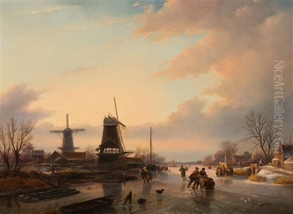 Merriment By The Mill With Skaters With A Kicksledge And A 'koek-en-zopie-tent' With The City Of Dordrecht In The Background Oil Painting by Jan Jacob Spohler