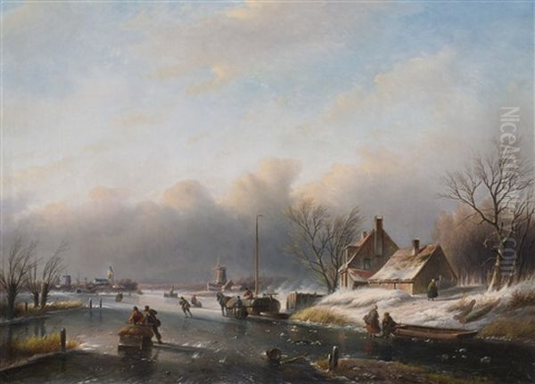 Skaters On The Ice In A Winter Landscape Oil Painting by Jan Jacob Spohler