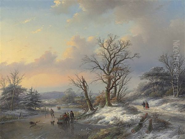 Wood Gatherers On The Ice Oil Painting by Jan Jacob Coenraad Spohler