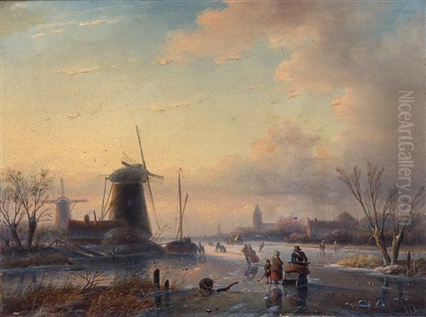 Skating On The Frozen River Near A Windmill Oil Painting by Jan Jacob Coenraad Spohler