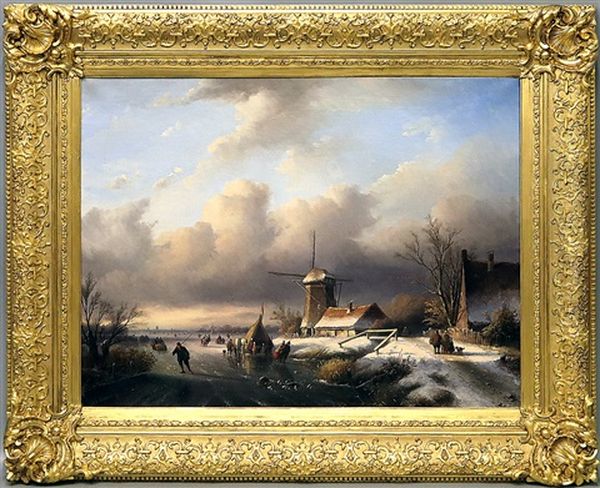 Winterlandschaft Mit Eislaufern Und Windmuhle by Jan Jacob Coenraad Spohler